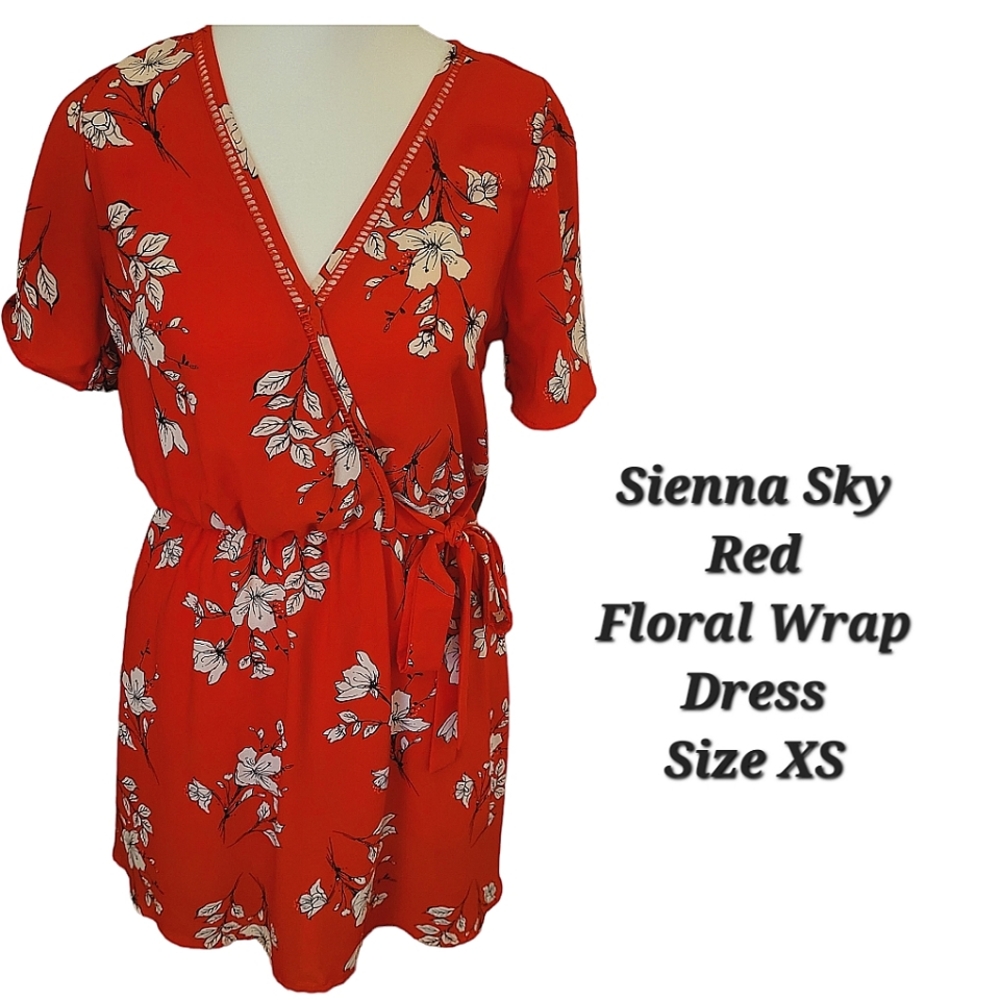 Sienna Sky Dresses | Wrap Dress | Floral Print | Red | Tied Elastic Waist | XS